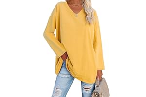 Ebifin T-shirt surdimensionné à manches longues pour femme - Col en V - Haut à manches longues - Tunique basique