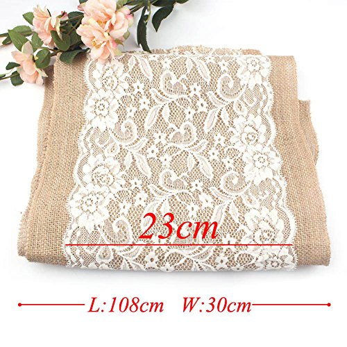 PsmGoods® Rustic Burlap Spitze Hessischen Tischläufer Natürliche Jute für Hochzeit Festival-Ereignis Tischdekoration 30x108cm-weiße Spitze - 6