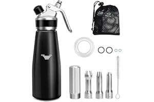 ColCospie Sifón de Cocina,500 ml sifón de Cocina espumas,sifon de Nata Aluminio para Espumas Dulces Y Saladas Nata Mousse,con 3 boquillas Acero Inoxidable