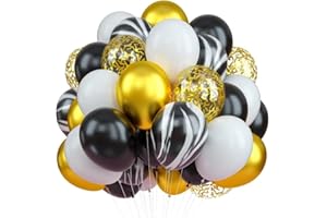 KEPMOV Black and Gold Balloons, Pack of 60 Black White Agate Marble Balloon Set with Metallic Gold Confetti Balloons, Latex Helium Balloons for Birthday Wedding Graduation Anniversary Party Supply Decoration
