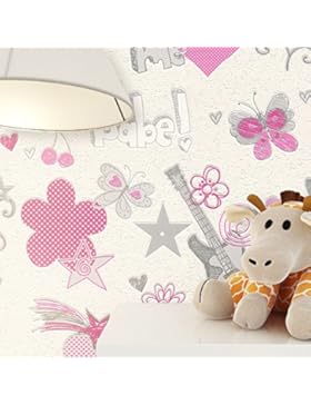 NEWROOM Kindertapete Pink Vliestapete Grau Kinder,Mädchen Blumen,Herzen,Schrift schöne moderne und edle Optik...