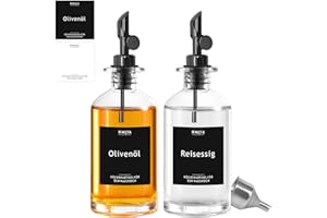 HMJIA Set di Oliera Salvagoccia Bottiglie Vetro per Olio e Aceto con Beccuccio in Acciaio Inox 304 Distributore per Bottiglia di Vetro per Cucina e BBQ 350ML 2 Pezzi con 78 Adesivi (Nero)
