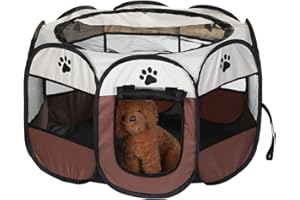 Queiting Pet Playpen Foldable Puppy Dog Cat Playpen Soft Fabric Portable Pet Run Cage Indoor Outdoor Use 74 x 74 x 43 cm for Rabbit Hamster Guinea Pig Brown