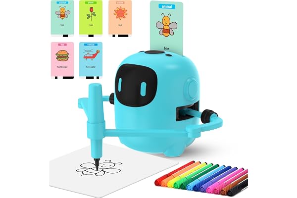 Ruycllo Robot Dessinateur Interactif Enfant - Robot éducatif avec 100 Cartes & Stylo, Robot Enfant Parlant Anglais Rechargeable Type-C - Jouet créatif 3 à 10 Ans Garçons Filles(Bleu)