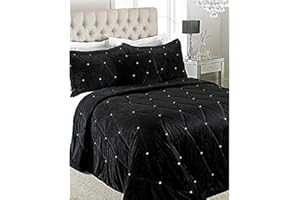 Riva Paoletti New Diamante Bedspread Set - Black - Diamante Crystal Sequins - Quilted Geometric Design - 2 x Pillow Shams Included - 100% Polyester - 220 x 240cm (87" x 94" inches)