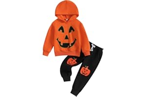 LOUVASABUCE Halloween-Outfit für Kinder, Jungen, Mädchen, Kürbis-/Skelett-Druck, langärmelig, Kapuzenpullover, Sweatshirt + lange Hose, 2-teilig