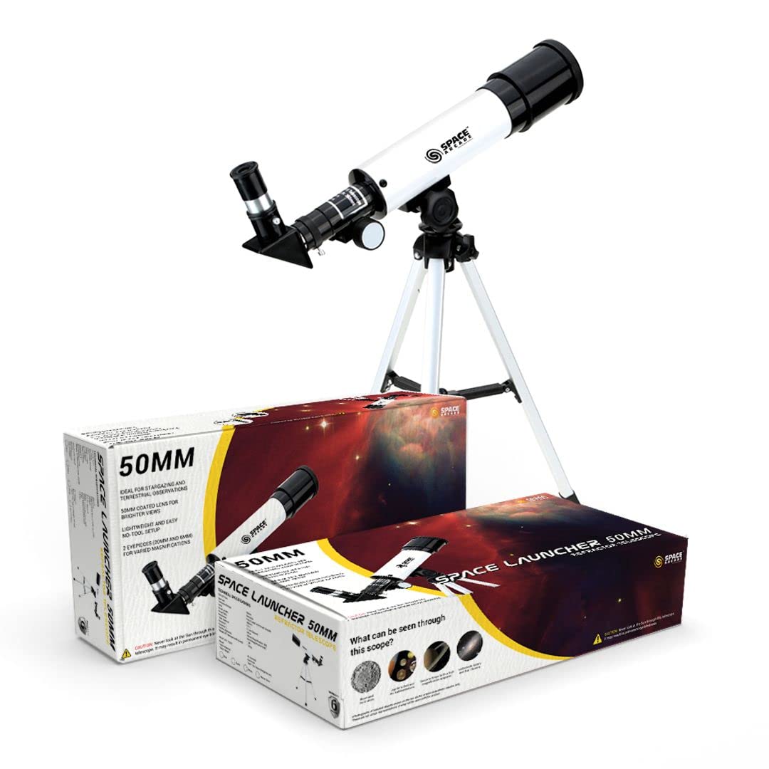 Space Launcher 50mm Astronomical and Land Refractor Telescope, with 360mm Focal Length, Kids Telescope Upto 90X Magnification White