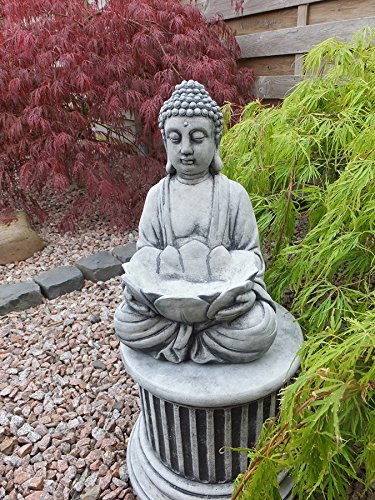 Stein BUDDHA mit Lotosblüte Pflanztopf Feng-Shui Steinfigur grau / Patiniert massiv Skulptur Garten Deko Frostfrei 30 cm - 7