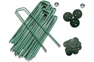 SECWELL 50 Clavijas de Jardín+10 Arandelas de Seguridad, Grapas para Jardin,Clavos de césped, Jardín fijación Clavijas, Multiusos en Forma para Asegurar la Tela de Malezas(150 mm/30 mm, Ø 3mm) Verde