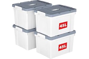 Cetomo 45L*4 Caja de Almacenamiento con Asa, Caja de Plástico con Tapa y Cierre Seguro, Contenedor de Almacenamiento Grande, Duradera, Apilable, Resistentes, Blanco, Paquete de 4 de 45L