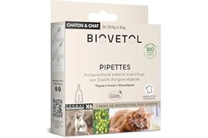 BIOVETOL - Pipettes Anti Puces, Anti-Tiques et Anti moustiques -Bio Certifié Ecocert - Repousse Pendant 4 Semaines - pour Chaton & Chat - Conçu et Fabriqué en France - 6 Pipettes