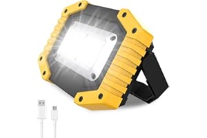 Gemokrt Lampe de Travail Portable Rechargeable 30W, 3 Modes de Camping, Projecteur d'extérieur Sans fil Super Lumineux Alimenté par Batterie Pour Garage/Atelier/Camping/Randonnée(Batterie Lncluses)