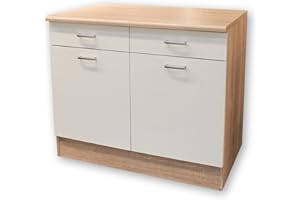 ‎STELLA TRADING ANDY Moderner Unterschrank Küche 2-türig in Eiche Sonoma Optik, Weiß matt - Geräumiger Küchenschrank mit viel Stauraum - 100 x 90 x 60 cm (B/H/T)