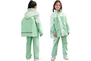 JinBei Enfants Imperméable Garçon Fille Combinaison de Pluie Léger Ensemble Pluie à Réfléchissant Pantalon et Veste Zip Boutons à Capuche Pliante Costume 2 Pièces pour Écoles Camping, 8-14 Ans