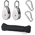TooTaci 15mm Small Crane Pulley Block Set, Include 2pcs Stainless Steel M15 Single Pulley Wheel Lifting Swivel Pulley Wheel,20M/4mm Nylon Pulley Line Rope,2pcs Carabiner Hook,Use for Pulling & Lifting