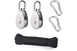 TooTaci 15mm Small Crane Pulley Block Set, Include 2pcs Stainless Steel M15 Single Pulley Wheel Lifting Swivel Pulley Wheel,20M/4mm Nylon Pulley Line Rope,2pcs Carabiner Hook,Use for Pulling & Lifting