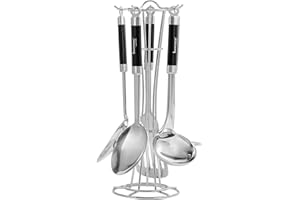 Innoteck Essentials - Juego de 5 utensilios de cocina con soporte de alambre, espátula ranurada de acero inoxidable, escalera de sopa, cuchara sólida, cuchara ranurada y machacador, juego de