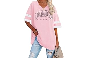 Tomwell Damen Los Angeles Brief T-Shirt mit V-Ausschnitt Kurzarm Sport Sommer Rundhals Oversized Oberteile Drucken Sweatshirt Lose Bluse Tunika Lang für Teen Girls Top