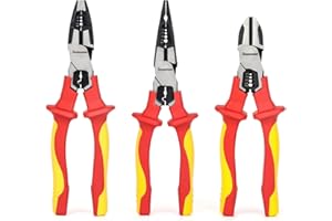 FOURROBBER 3PCS VDE Insulated Plier Set,Universal Combination Pliers, Needle Nose plier and Cutter plier,with Insulated Handles 60CrV, VDE-Tested 1000V