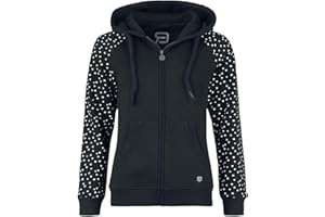 RED by EMP Damen Schwarze Kapuzenjacke mit Raglanärmel und kleinem Katzen-Alloverprint