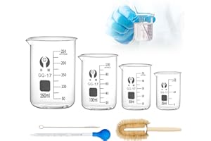 Forhandy Bicchiere graduato in vetro con graduazione a forma bassa, in 5 misure, 25 ml, 50 ml, 100 ml, 250 ml, 250 ml, set con 1 pipetta di vetro e 2 spazzole per lavaggio per laboratorio e cucina