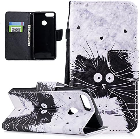 HongHushop Wallet PU Leather Phone Cases for Huawei P Smart Flip Protective Cover Case with Card Holder Magnetic Hand Strap Full Protection Soft Silicone Inner Case for Huawei P Smart / Huawei Enjoy 7S (Cute Cats)