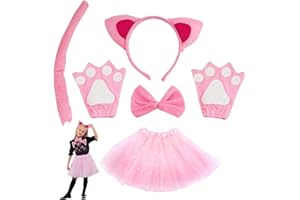 TSHAOUN 6-częściowy zestaw kostiumowy kot, sukienka zwierzęca, cosplay, kocie uszy, opaska na czoło, kocie, różowe uszy, kołnierz, łapy, rękawiczki, różowe tutu na drzwi dla dzieci, Halloween,