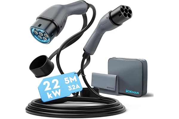 bokman Câble de Recharge Voiture Électrique Type 2 (22 KW, 5 Mètres), Étanche à la Pluie Charge Rapide et Sécurisée Compatible avec Model3/e-208/500-e (Câble T2)