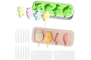 GALOZZOIT 2 moldes de silicona para helados con tapa, moldes para helados para niños y adultos, sin BPA, reutilizables, diseño creativo de dinosaurios y frutas, incluye tallos, perfectos para hacer helados de