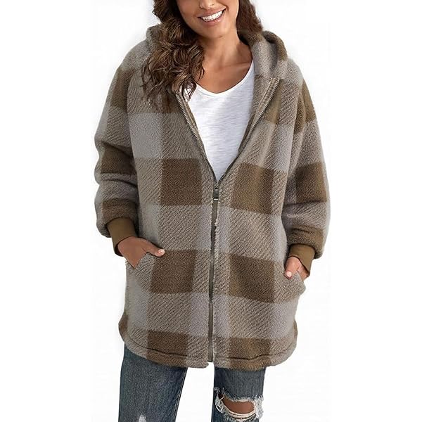 Veste Polaire Zippé Femme Chaude Sweats Manteau à Capuche épais Blousons à Carreaux Cardigan Casual Mode Hiver Outerwear Ample Gris Gris - Prêt-à-Porter