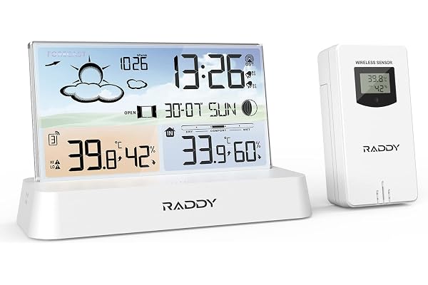 Raddy DT6 Station météo sans Fil avec horloge radio-pilotée DCF, écran couleur numérique pour, thermomètre hygromètre, station météo pour la maison avec prévisions météo et baromètre