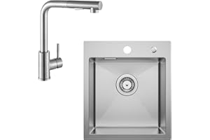 CECIPA Fregadero de Cocina de Acero Inoxidable 40 x 45 cm + Grifo de Cocina Extensible Juego Completo de Fregadero Cuadrado Integrado para Base de Armario 40 cm