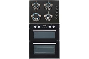 SIA 60cm Black Built Under Double Electric Fan Oven & 4 Burner Gas On Glass Hob