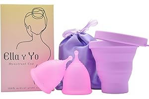 Ella y Yo Menstruationstasse - 2 Menstruationstassen der Größen S und L, Sterilisator und Baumwolltragetasche - 100% weiches medizinisches Silikon, waschbar und wiederverwendbar (S-L)