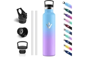 Vikastar Gourde Isotherme, 1l Anti-Fuite, Bouteille Isotherme, sans BPA, Gourde Inox, Réutilisable, Gourde Isotherme 1L pour Fitness, École, Sport, Cyclisme, Bleu Ciel & Violet