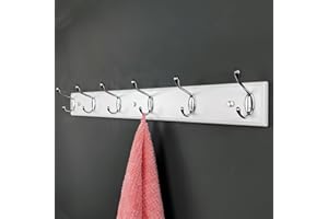 lomejii Perchero de pared largo de madera con 6 ganchos plateados, 65 cm, fuerte perchero para abrigo, sombrero, bolso, gran perchero moderno para la entrada, pasillo, dormitorio, color blanco