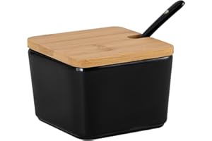 GALICJA RONNIE Zuccheriera in ceramica con cucchiaio e coperchio – Zuccheriera nera – Stabile capiente zuccheriera in ceramica con coperchio e cucchiaio – accessori da cucina – 8,7 x 8,7 x 6,4 cm