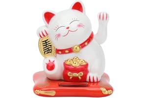 Hapivida Lucky Cat, Solar Powered Maneki Neko Beckoning Lucky Cats Fengshui Waving Cat Japanese Fortune Cats for Home Car Decor (White)
