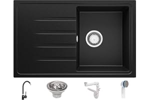 Lavandino da Cucina Nero 78x50cm, Lavello da Cucina a 1 vasca + Sifone Classico + Rubinetto, Lavabo da Cucina Incasso al mobile 45cm - Milano di Primagran