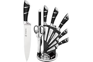 Justup Set di coltelli 9 pezzi con blocco di coltello acrilico rotante, tagliente antiaderente rivestito Knife Block Set, set di coltelli in acciaio inossidabile per cucina con affilatore (Nero)