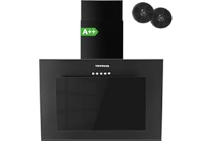 TopStrong Cooker Hood 60cm, Class A++ Extractor Fan Kitchen with Carbon Filters, Wall Mounted Extractor Hood with Recirculating & Ducting System, 3 Speed Black Painting & Tempered Glass, LED Lights