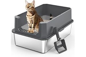 MIXJOY Arenero Acero Inoxidable Gatos XL, Arenero Gato 37L Gran Capacidad a Prueba de Fugas con Borde Alto, Arenero Abierto para Gatos con Recogedor de Arena, 59x38x28cm