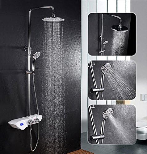 LED Digital Display Bathroom Rain Mixer Shower Combo Set, 3 Effluent Mode Shower System, Bath Rainfall Shower Head, Handheld Shower, Shelf Function, Polished Chrome