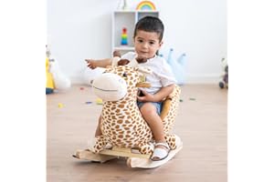 ATAA Cavallo a dondolo Giraffa, Dondolo per Bambini Unisex, Musica, Maniglie e poggiapiedi in legno, Cintura di sicurezza
