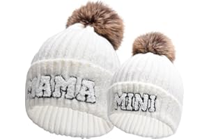 Kunyeah 2 cappelli da donna per genitore-figlio, ricamati, lavorati a maglia, per mamma e bambino, cappelli invernali caldi con pompon