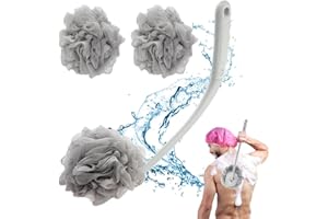 PIMEKOY Back Scrubber Body Brush Long Handle for Shower, 3 in 1 Bath Washer Exfoliator with Soft, Stiff Bristle and Exfoliating Brush Head for Wet Dry Use in Shower for Men Women Elderly (Loofahs)