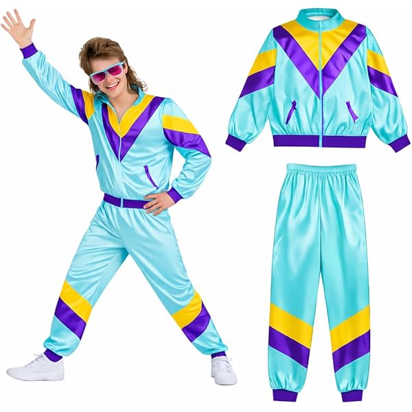 HarnyLoom Jaren 80-90-kostuum voor mannen en vrouwen, jaren 80 en 90, verkleedkostuum, disco, trainingspak, regenjas, bril, hoed, carnaval