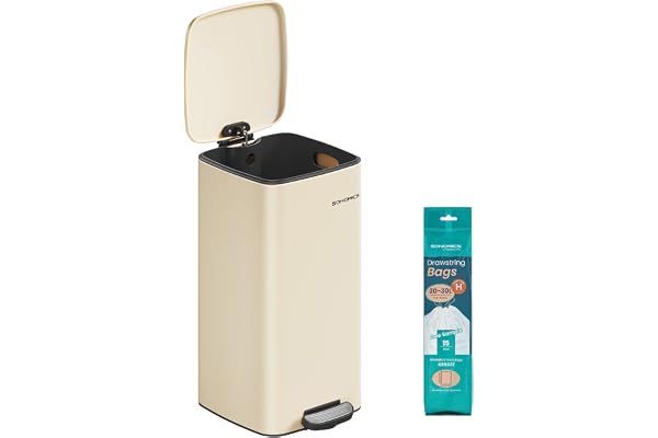 SONGMICS Kökssoptunna, 30 L papperskorg, Stålpedalsoptunna, med innerhink, Soft Close och Håll öppet, Sandbeige LTB593A02