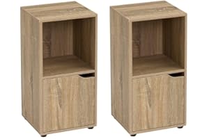 LOLAhome Set de 2 Mesitas de Noche 1 Puerta, Estantería de Madera, Librería con Puertas y Compartimentos Abiertos, Mueble almacenaje, Color Natural de 60x30x29 cm