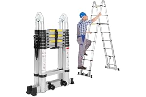 Jiubiaz Escalera telescópica de 5 m (2,5 m + 2,5 m), Escalera de Aluminio Extensible con Ruedas y estabilizadores extraíbles, Marco en A, Escalera Multiusos, Carga máxima de 150 kg (Plata)